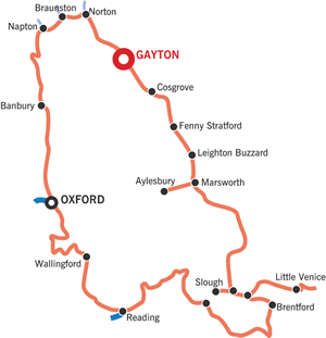Map of the Grand Ring for canal boating holiday hire in the South Midlands, UK.